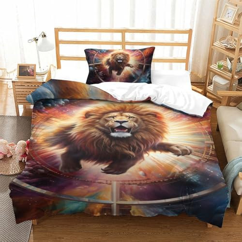 LLEERCFTY Löwe 3D Gedruckt Bettwäsche 2 Teilig Bettbezug-Sets Mit Kissenbezug Soft Microfaser Luxus Modern Mit Reißverschluss Für Erwachsene Und Kinder Single（135x200cm）