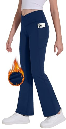 Desol Thermo Kreuzdesign Schlaghose Mädchen mit Taschen für Teenager Elastische Flared Leggings für Sport und Yoga Sporthose ideale Gymnastikhose und Jogginghose