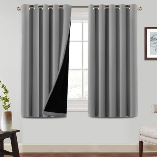 BellaHills 100% Blackout Curtains for Bedroom Thermal Insulated Blackout Curtains Heat and Full Light Blocking Eyelet Curtains for Living Room with Black Liner 2 Panels, 66 x 54 Inch, Dove Grey