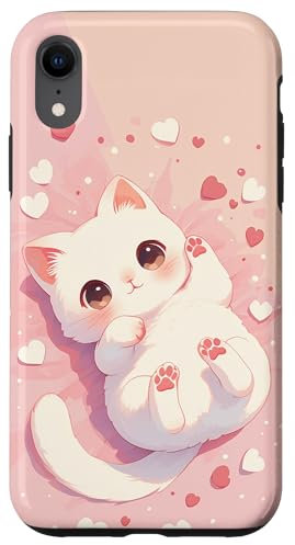 iPhone XR Cute Kawaii Cat with Hearts Aesthetic Pink And White Case