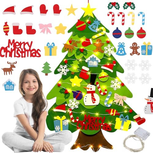 Suffolly Árbol Navidad Fieltro, Arbol de Navidad Fieltro con 32pcs Ornamentos Desmontables, Decoración de Fieltro, Decoración de Navidad de Fieltro Niños para Paredes y Puertas Hogar (Estilo A)