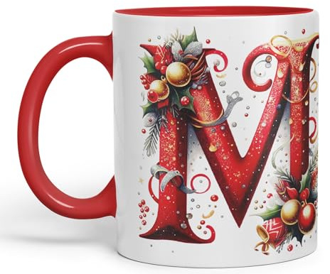 Vixar Red Letter M ChristmasDesigns Alphabet Monogram Lettersjoke sarkasm Sarcastic Ceramic Coloured Mug Cup for Tea Coffee Hot Brew 330ml 11Oz Gift