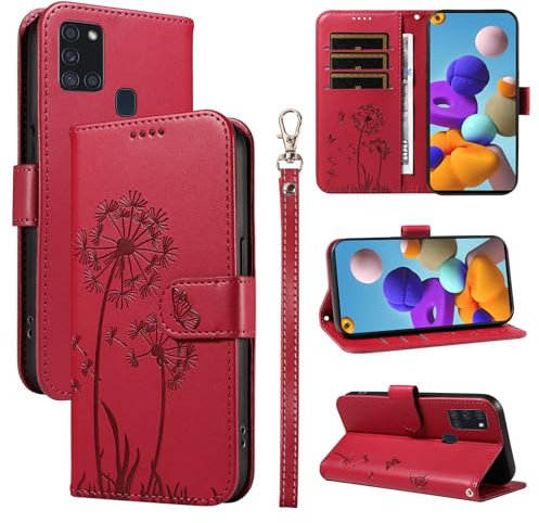Bravoday Handyhülle für Samsung Galaxy A21s Hülle, Premium PU Lederhülle Klappbar Tasche Klapphülle mit Magnet Kartenfach Standfunktion Schutzhülle für Galaxy A21s, Rot