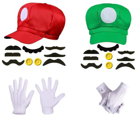 Mailfull Mario und Luigi Kostüm Accessories Erwachsene Karneval Kostüm mit Kappen Schnurrbärte Handschuhe Knöpfe für Cosplay Karneval Geburtstagsfeier