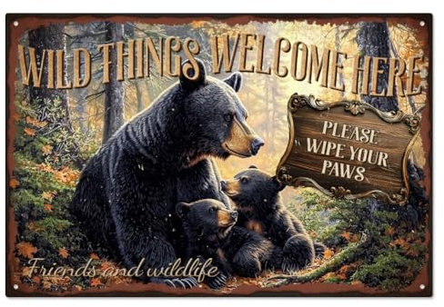 WADORN Vintage Bear Metal Tin Sign, Wild Things Welcome Here Bear Retro Tin Sign Hanging Decor for Cafes Bar Decor Funny Bear Please Wipe Your Paws Wall Plaque Decor for Pubs Shop, 11.81x7.87 Inch