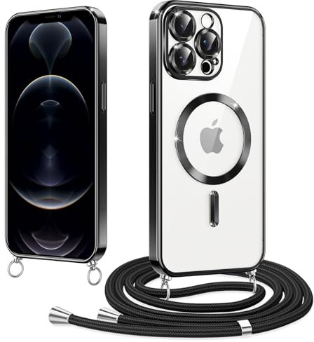 Woijrly Magnetische Handyband mit Band für iPhone 12 Pro Hülle, [Kompatibel mit Magsafe] Handyhülle Case mit justierbarer Schnur Abnehmbar Strap, Crossbody Schutzhülle zum Umhängen Kordel, Schwarz
