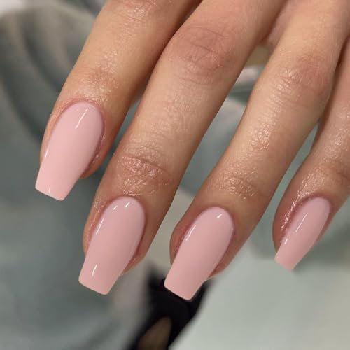 KQueenest Light Pink Press on Nails Long Square, Soft Pink False Nails Long Medium Coffin, Glossy Natural Solid Fake Nails Set, Reusable Gel Stick on Nail for Women Finger Daily Wear 24 Pcs