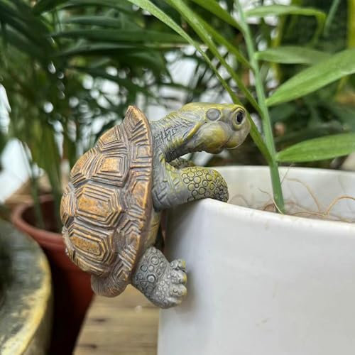 Dingzhidiy Turtle Figure Plant Pot Hanger, Resin Climbing Tortoise Statue Plant Decorations for Pots, Cute Animal Flower Pot Hugger Figurines for Home Garden Fence Patio Lawn Yard Ornaments (Brown)