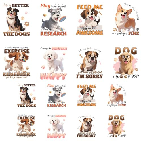ANATTASOUL 16Pcs Bügelbilder für Textilien Hund Und Pfotenabdrücke Bügelbilder Erwachsene 6.5 x 8 CM/18 x 22 CM Schnell & Einfach DIY Sticker zum Aufbügeln für Kleidung, Hosen, Hüte, Taschen