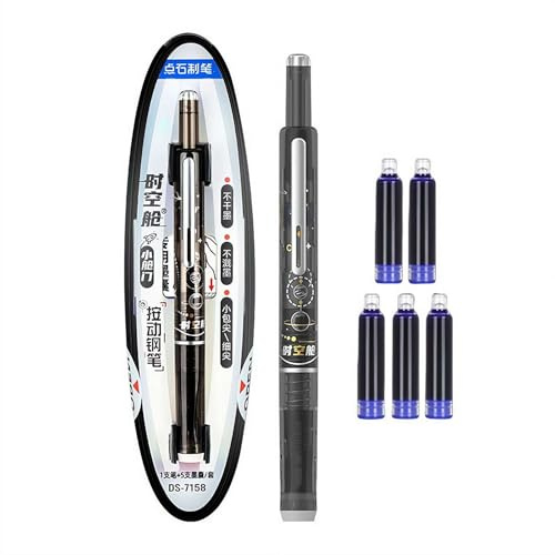 Portable Retractable Fountain Pen - Medium Nib Capsule Design Fountain Pen for Kids Writing & School Notes - Smooth Ink Flow (Black)