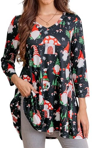 Enmain Tunique Noël pour Femme Grande Taille Manches Longues Chemisier Chic Et élégant Blouse Longline 3/4 Manche Col en V Tunique Noël Ample Détente Confortable Top 2XL