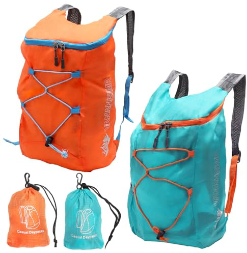 2 Stück Faltbarer Rucksack Ultraleicht, Kleiner Wanderrucksack Damen Herren | Wasserabweisender Faltrucksack Leicht, Reiserucksack Klein mit Seitentasche, für Wandern, Camping, Reisen, Alltag