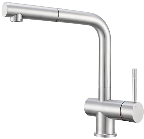 Yamataro Kitchen Tap Extendable Kitchen Mixer Tap with Pull Out Spray Single Handle Pull Down Sink Mixer Tap 1 Hole Stainless Steel Brushed