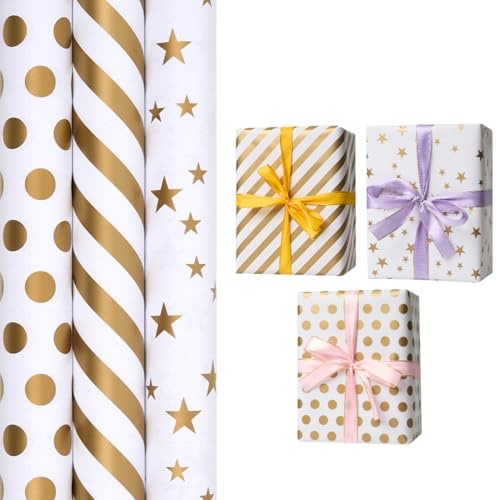 3 Rollen Geschenkpapier, Weihnachtspapier, weißes Papier mit goldenem Sternen-Punkte-Streifenmuster für Geburtstags- und Hochzeitsgeschenke – 43 cm x 3 m