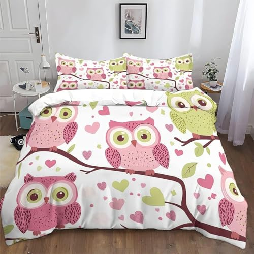 SJSXWQN Bettwäsche 200x200 Rosa Eule Bettwäsche-Set mit Reißverschluss Schließung für Erwachsene Kinder Weicher Atmungsaktive Mikrofaser Bettbezug + 2 Kopfkissenbezug 80x80 cm