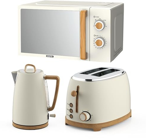 GEEPAS Kitchen Set NordiQ Design | Matte Finish with Wood Accents (Cream, Kettle, 2 Slice Toaster & Microwave Set)