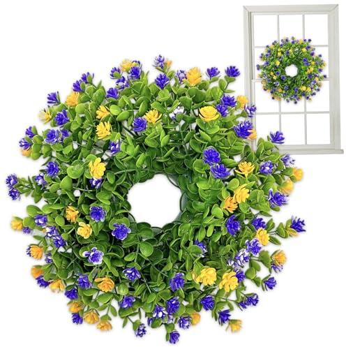 Türkranz mit Blumenmuster, 33 cm, Frühlings- und Sommerdekoration mit Lila und Gelb für den Außenbereich
