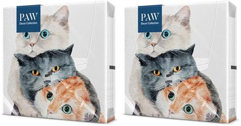 PAW - Servietten 3-lagig (33 x 33 cm) I 20 Stück I Perfekt für Kindergeburtstage, Partys, Kommunion und Feiern I Papierservietten Bunt mit Party Motiv I Katzen, Freude, Party - Better Together