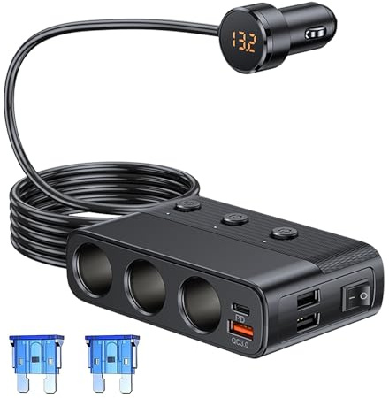 127W Car Cigarette Lighter Socket Splitter Adapter 3-Socket/USB QC 3.0/PD/Dual USB,12V/24V Multi Socket Adapter Plug Charger with Individual Switch and LED Voltmeter for GPS/Dash Cam/Phone