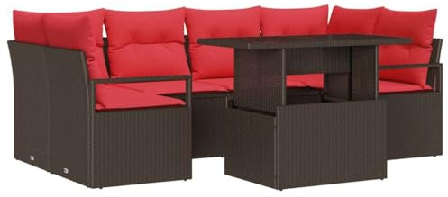 vidaXL Garten-Sofa-Set mit Kissen 7 pcs Braun und Rot Poly-Rattan, Stylisches Garten- und Terrassenmöbel-Set, Moderne Sofas, wetterfest und strapazierfähig, modulare Gestaltung