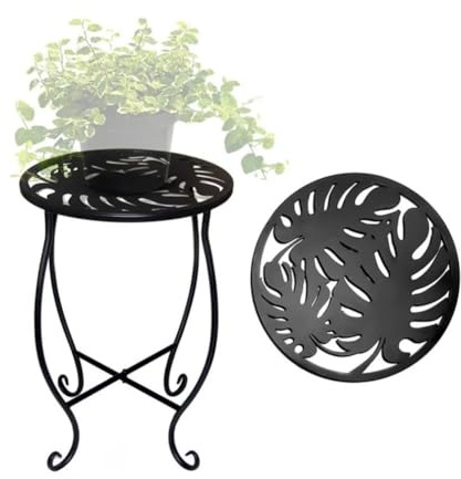 Auratrove Runder Beistelltisch aus Metall, 20,3 cm, mit Monstera-Muster für Terrasse, Garten, schwarzes Eisen-Pflanzenständer, 38,1 cm hoch