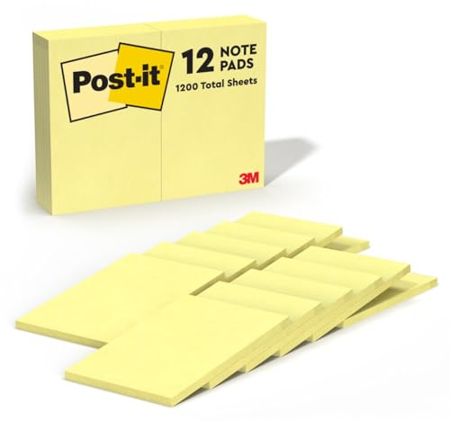 Post-it Notizen, 10,2 x 15,2 cm, 12 Haftnotizblöcke, 100 Blatt pro Block, Kanariengelb, das Original Post-it Note, Schulbedarf und Büroprodukte