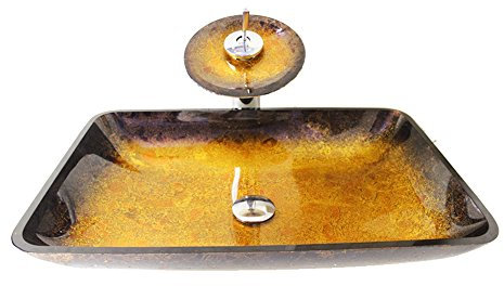 HomeLava Modern Waschbecken Set Glas Eckig mit Wasserfall Wasserhahn,Ablaufgarnitur, Montagering