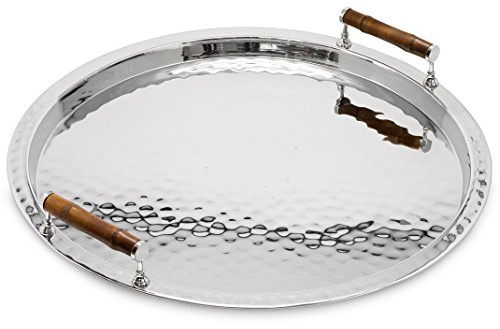 EDZARD Serviertablett Hugo, Edelstahl vernickelt mit Bambusgriffen, rund, Durchmesser 55 cm