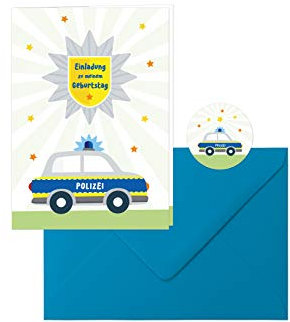 Edition SF Polizei-Geburtstag: 10 schöne Einladungs-Klappkarten zum Kindergeburtstag im tollen Polizei-Design mit blauen Umschlägen, dazu 10 runde Aufkleber mit dem kleinen Polizeiauto