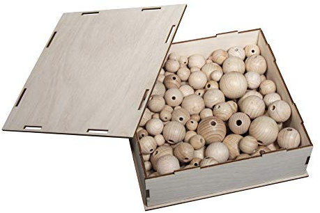 Rayher Rohholz-Kugeln, Sammelbox, 222 Holzkugeln in 8 verschiedenen Größen + Ideenheftchen, Set runde Holzperlen, mit Loch zum Auffädeln, Natur