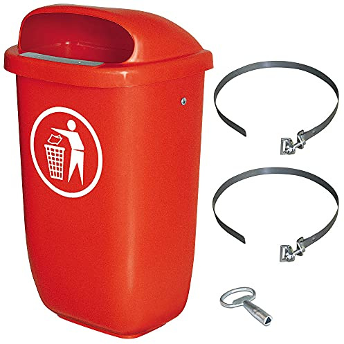 BRB Abfallbehälter für den Außenbereich, Inhalt 50 Liter, nach DIN 30713, im Komplettset mit Schellenband zur Pfahlbefestigung (rot)