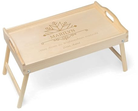 Maverton Serviertablett mit Gravur, personalisiert, Hellbraun | Tabletttisch mit Griffen, klappbare Beine, erhöhter Rand, zu Weihnachten