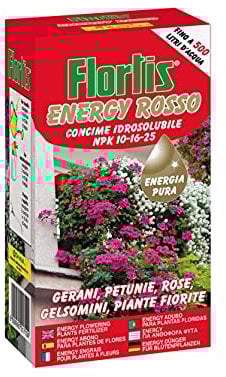 Concime in Polvere Solubile per Gerani, Surfinie, Potunie, Rose, Gelsomini e Piante Fiorite da 1kg Energy rosso fino a 500 LT di Acqua ad alto contenuto di Potassio