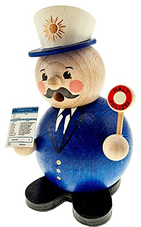 Hess Holzspielzeug 40038 - Original Kugel-Räuchermann aus dem Erzgebirge, Design Polizist, handgefertigte Räucher-Figur aus Holz, Räuchermännchen für Räucherkerzen