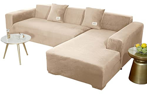 JHLD Sofabezug L Form, Stretch Sofabezug Samt L-förmiger Sofabezug Weiche Anti-rutsch Sofa Überwürfe Für Ecksofa-Beigegrau-2 Sitzer+2 Sitzer