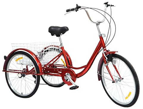 LENJKYYO 24 Zoll 3 Rad Dreirad für Erwachsene mit 6 Gang Schaltung Dreirad Lichtern Zoll Cruiser Fahrrad Einkaufs Lastenfahrrad Licht Korb (Rot)