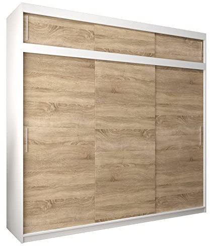 MEBLE KRYSPOL Tokyo 250 Kleiderschrank mit DREI Schiebetüren für Schlafzimmer – moderner Aufbewahrungsschrank mit Kleiderstange und Regalen – 250x240x62cm - Mattweiß + Sonoma mit Verlängerung
