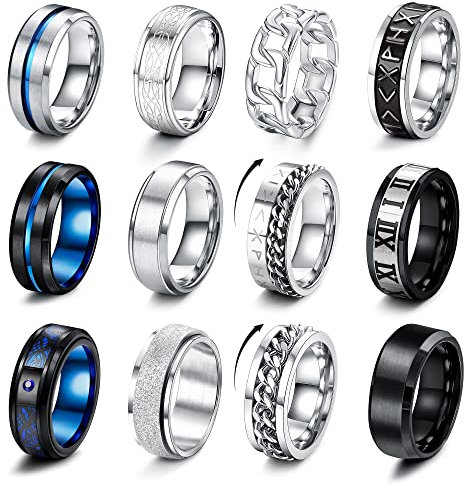 LOLIAS 12 Stück Edelstahl Ringe Herren Silber Blauen Schwarz Matt Finish Poliert Band Herrenring Kitten Spinner Ring Flaschenöffner Ringe Ehering Verlobungsringe Vintage Fidget Ring für Männer Damen