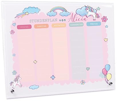 minimutz Stundenplan Kinder - abwischbar und wiederverwendbar - Wochenplaner Glas Einhorn Regenbogen Sterne Mädchen - Geschenk 1. Klasse Einschulung Schulanfang