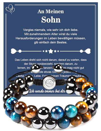 CheersLife 2 Lagen Armband Sohn Deutsch Perlenarmband Herren Für Meinen Sohn Geschenk Weihnachtsgeschenke Für Männer An Meinen Sohn Geschenk Armbänder Für Herren Geschenk für Männer 8mm Perlen