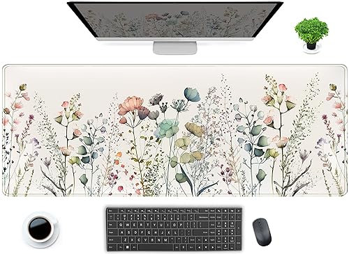 Cute Wild Flower Desk Mat, Boho Aesthetic XL Large Extended Gaming Mouse Pad with Stitched Edges, Computer Laptop Mousepad Keyboard and Mat for Women Office Decor, Beige, 31.5x11.8x0.12 In