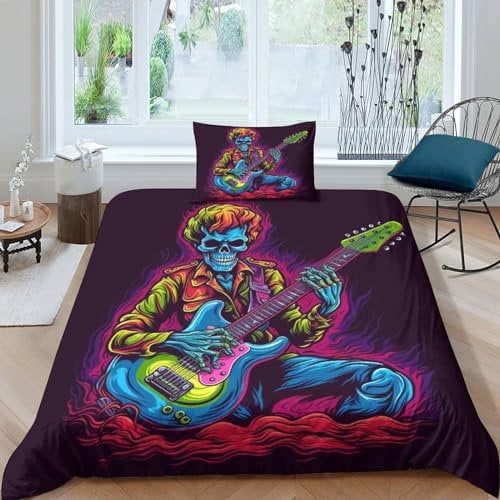 Rock 'n' Roll Duvet Cover Set Heavy Metal Guitar Bedding Set 3 Pieces, Soft Microfiber 3D Skull Pattern Quilt Cover Zipper Closure with Pillow Cases