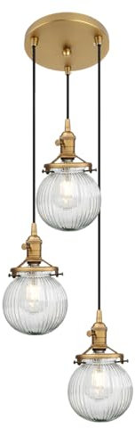 JIMUBEAM Industrial Cluster 3 Way Ceiling Pendant Light Fittings Ribbed Glass Shade, Retro Loft Bar Hanging Lamp Fixture for Kitchen Island, Dining Room, Living Room, Hallway