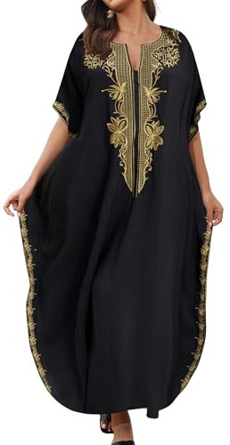 Bsubseach Kaftan Dresses for Women Gold Embroidery Long Beach Cover Ups Caftan Loungewear Vacation Outfits Black