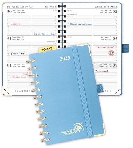 POPRUN Taschenkalender 2025 Klein Ringbuch mit Hardcover, ca. A6 (16 x 10,5 cm) - Kalender 2025 Klein (Jan.2025-Dez.2025) - Wochenplaner mit Vergoldete Schutzecken - Dunstblau