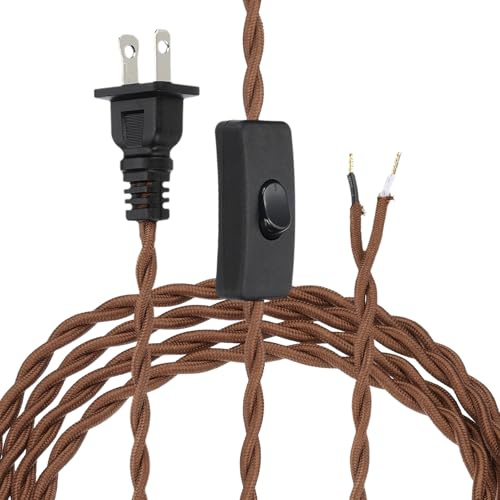 uxcell Cordon de lampe torsadé recouvert de tissu de 2,4 m, fil électrique vintage avec bouton interrupteur et extrémités dénudées, prêt pour rallonge, câblage à faire soi-même, marron clair