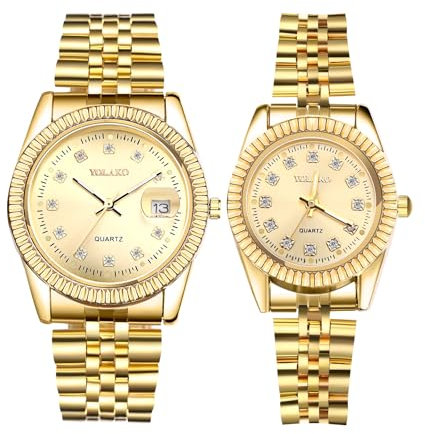 JewelryWe Gold Edelstahl Uhren für Paare: 2pcs Kalender Analog Quarz Armbanduhr Edelstahlarmband Partner Freundschaft Uhr mit Diamantskala und Facettiert Lünette Valentinstag Pärchen Geschenk
