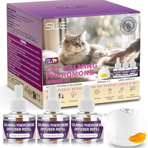 SLE Pheromone Katzen Diffusor Kit, Fördert Wohlbefinden & Verhaltensunterstützung, Calming Diffuser Katze Anti Stress Beruhigendes（1 Diffusor + 3 Nachfüllen à 48 Ml）