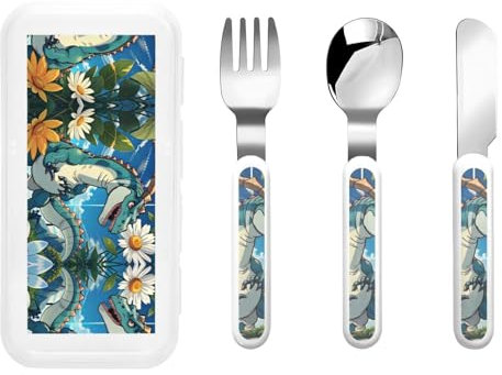 Cute Cute Dinosaur Print 3 Pieces Knife, Fork and Spoon Set - Food Grade Silicone Handle, Perfect for Toddler Meals