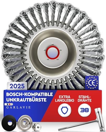 GARLAVIE Unkrautbürste für Bosch Motorsense – Wildkrautbürste mit Adapter für Freischneider, langlebiges Zubehör zur Moos- & Unkrautentfernung